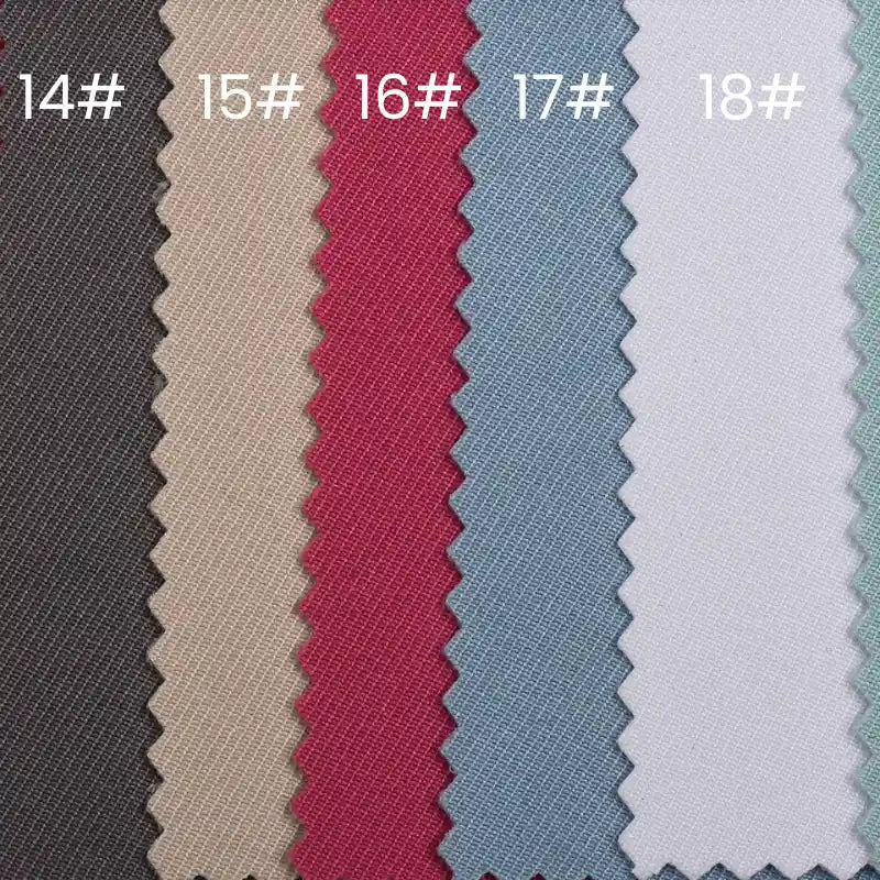 Five Longan Craft waterproof gabardine fabric swatches (#14–18) display solid colors—dark gray, beige, pink, light blue, and light gray—with a zigzag edge. Ideal for workwear, these are durable water-resistant twill textiles by the yard.