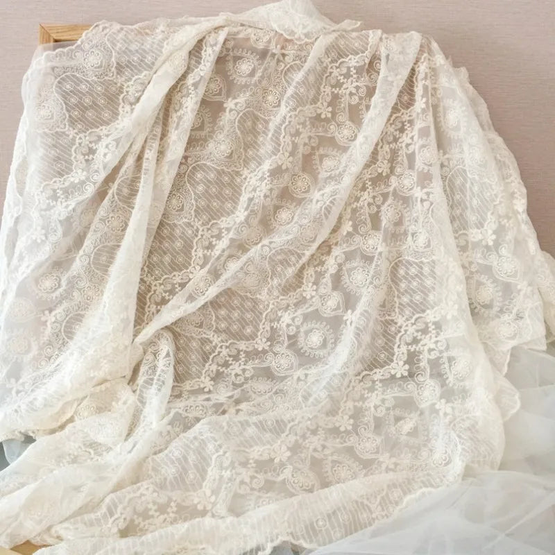 White Floral Embroidered Lace Fabric By The Yard
