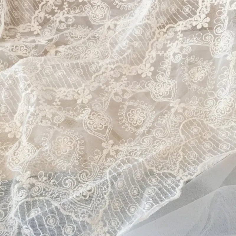 White Floral Embroidered Lace Fabric By The Yard