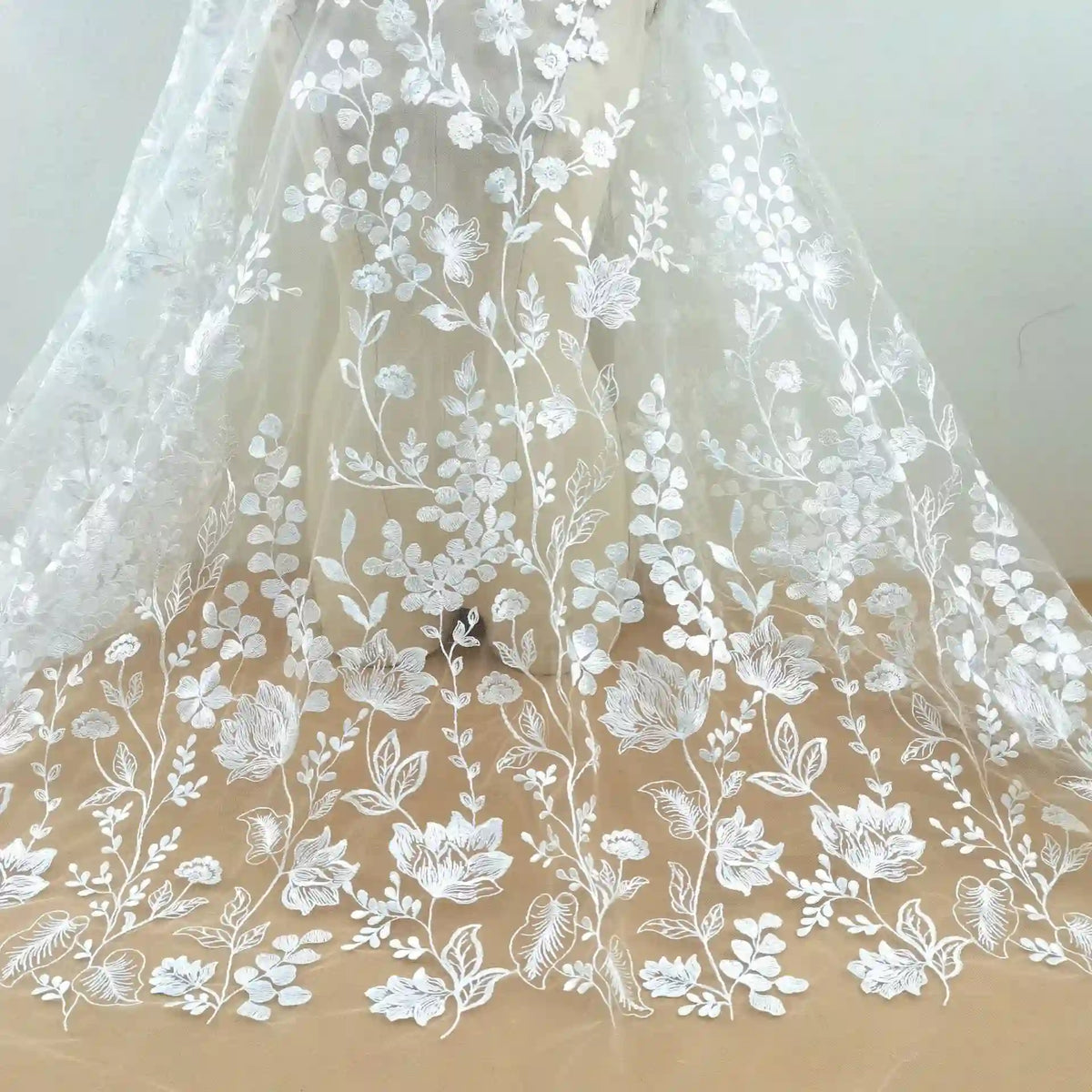 WhiteFloralEmbroideredTulleFabricByTheYardforDressSewing