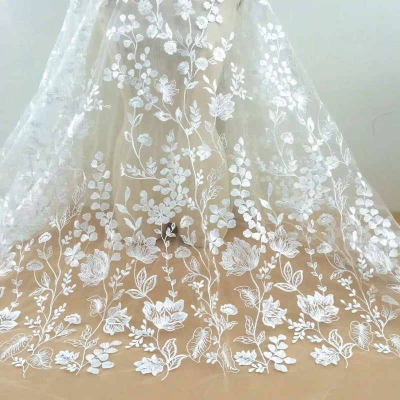 WhiteFloralEmbroideredTulleFabricByTheYardforDressSewing