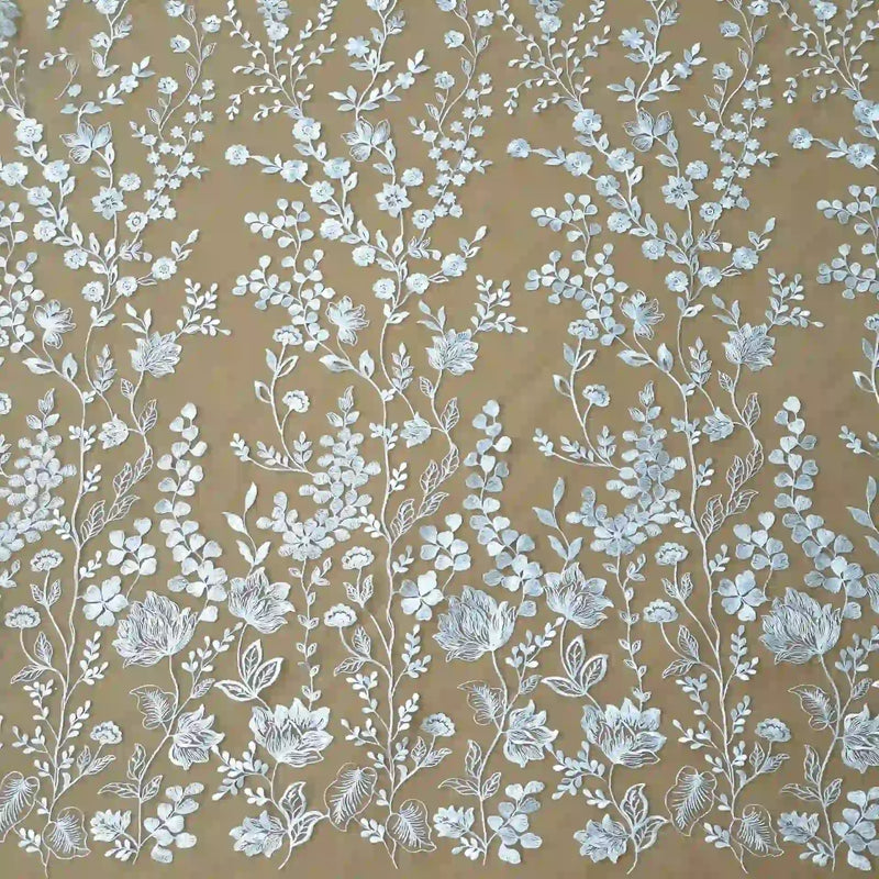 WhiteFloralEmbroideredTulleFabricByTheYardforDressSewing