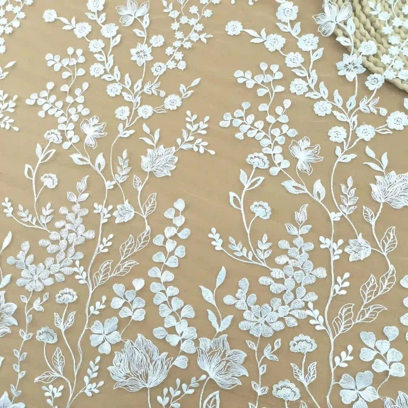 WhiteFloralEmbroideredTulleFabricByTheYardforDressSewing
