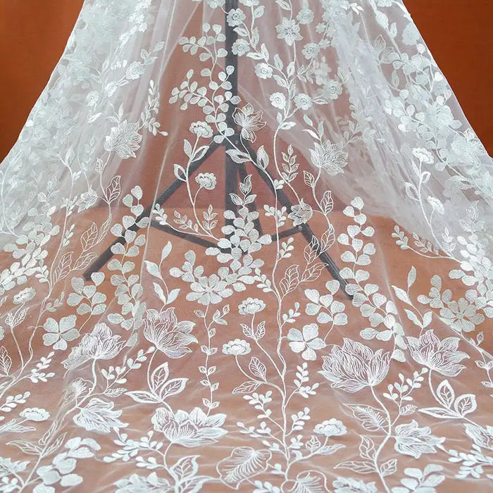 WhiteFloralEmbroideredTulleFabricByTheYardforDressSewing