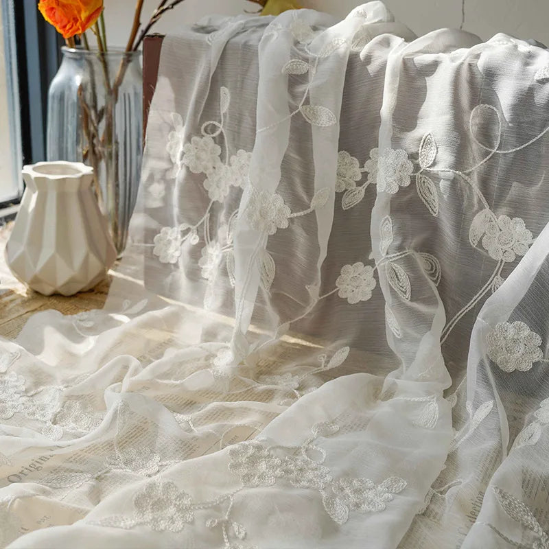 White Flowers Chiffon Fabric By the Yard