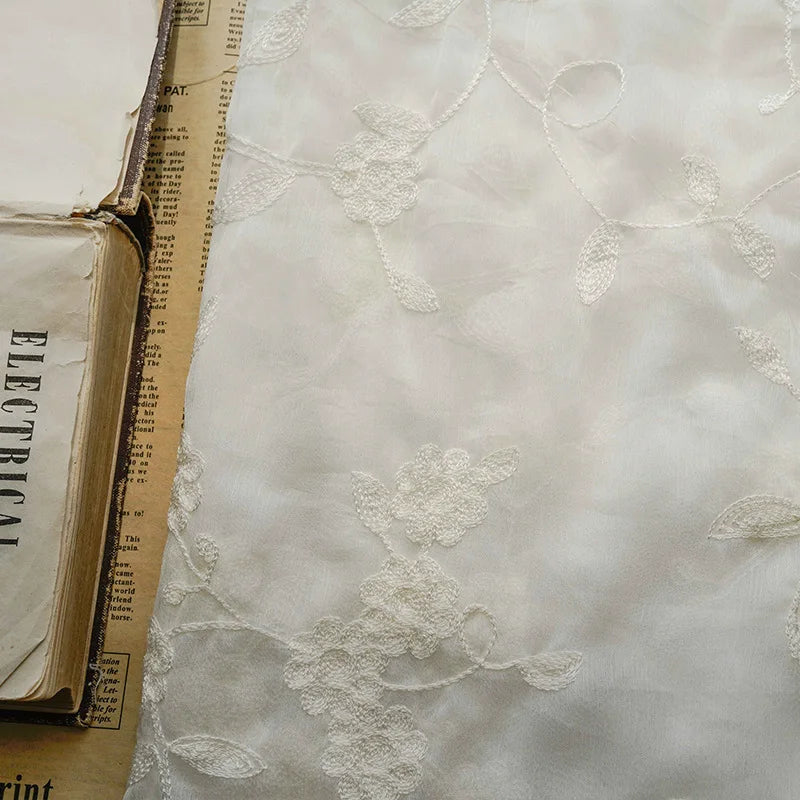 White Flowers Chiffon Fabric By the Yard