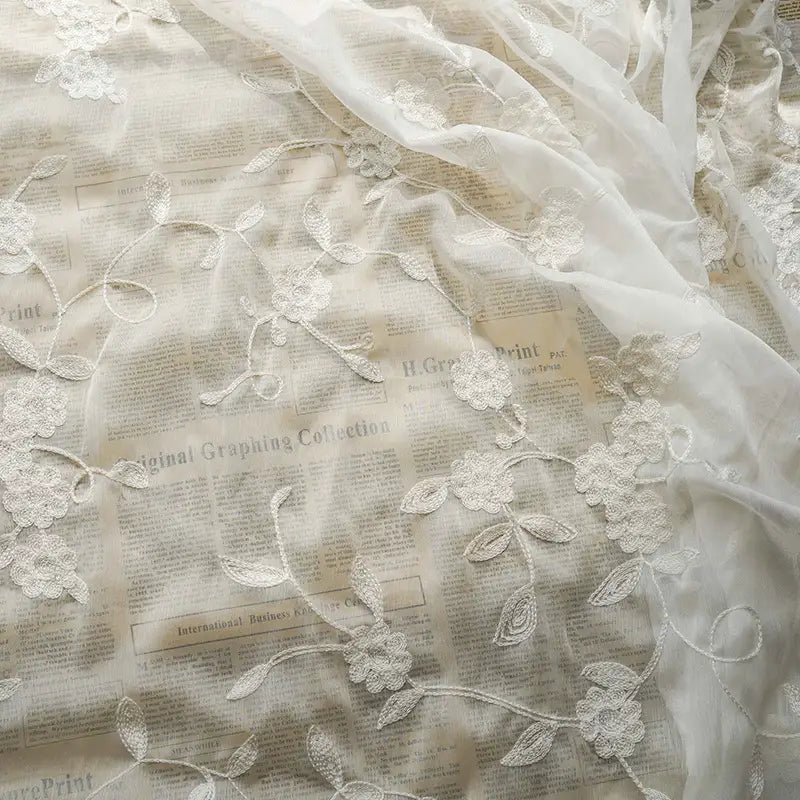 White Flowers Chiffon Fabric By the Yard