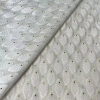 Longan Craft's White Leaf Pattern Organza Fabric by the yard features silver and gold embroidered leaf motifs with gold dots, arranged in diagonal rows—ideal botanical jacquard organza material for clothing.