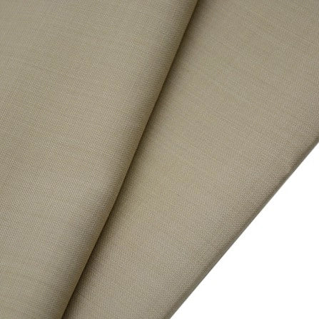 A close-up of two overlapping pieces of Longan raft Worsted Wool Gabardine Fabric in beige, featuring a smooth, tightly woven texture. This durable poly wool blend twill is ideal for tailored suits and available by the yard.