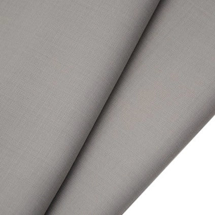 Two pieces of smooth, light grey Longan raft Worsted Wool Gabardine Fabric are arranged diagonally, showcasing this wrinkle-resistant, subtly textured poly-wool twill—ideal for tailored suits—against a plain background.