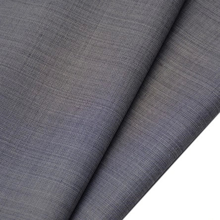 Close-up of two overlapping pieces of Longan raft Worsted Wool Gabardine Fabric, showing gray, wrinkle-resistant poly wool twill with a subtle woven texture, fine lines, and a smooth matte finish—ideal for tailored suits.