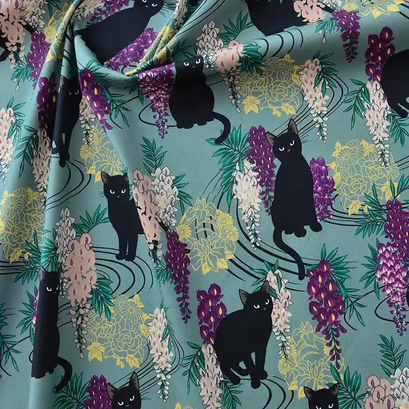 Cat Floral Printed Poplin Fabric By The Yard | Cotton Poplin Printed Fabric | Poplin for Quilting