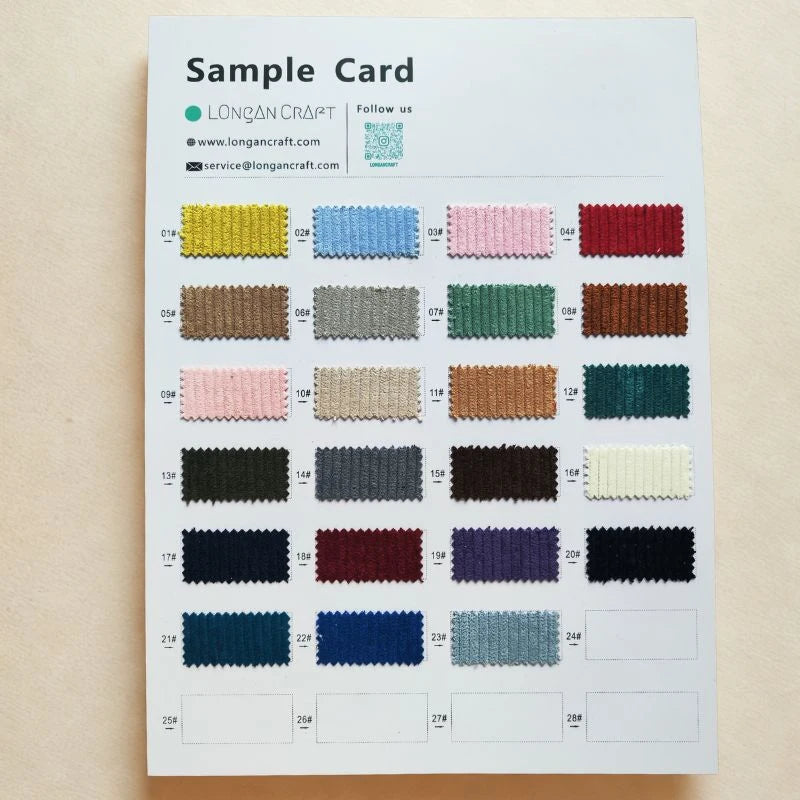 A sample card from Longan Craft featuring 24 rectangular swatches of Thick 8 Wale Corduroy Fabric By the Yard in various colors, each with color codes, plus blank spaces for more samples at the bottom right.