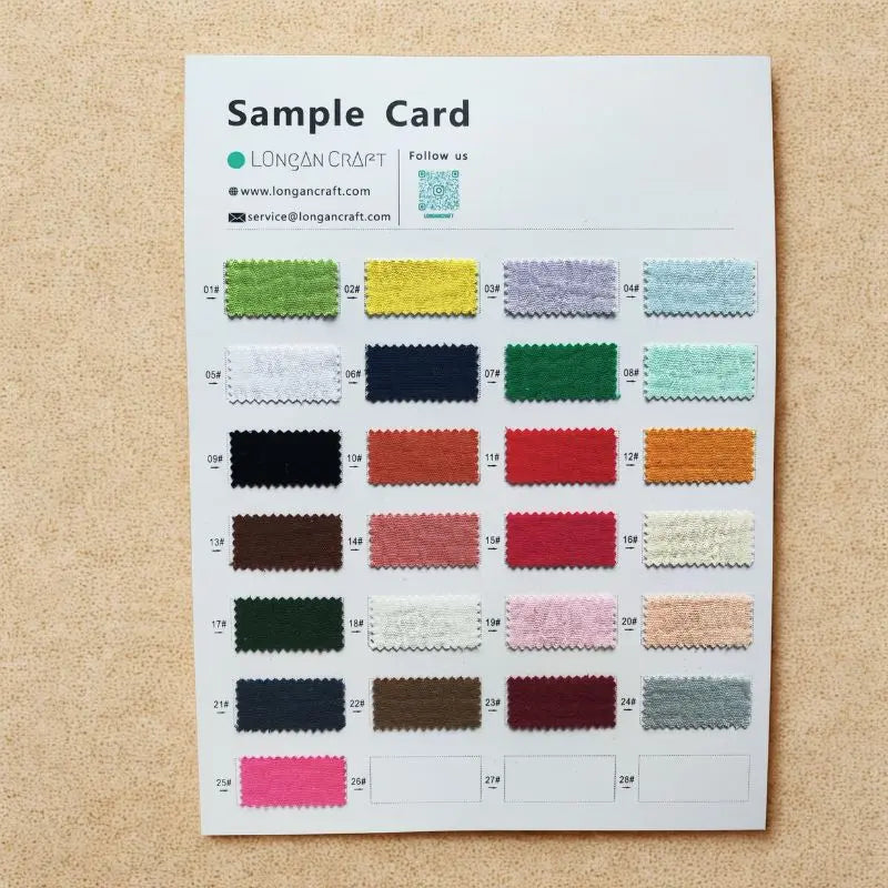 The Longan craft Color Swatch Bundle displays 25 numbered fabric samples—including corduroy, velvet, and double gauze—in assorted colors arranged in a grid, with company contact info at the top.