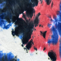 The Double Sided Polar Fleece Fabric by Longon Craft features a vibrant tie-dye watercolor print in black, red, blue, and white on thick polyester fleece—perfect for cozy clothing and sewing projects by the yard.