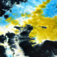 The Longon Craft Double Sided Polar Fleece Fabric By The Yard features a vibrant tie dye watercolor print in black, blue, yellow, and white, creating a dynamic cloud-like effect for clothing and sewing projects.