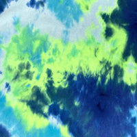 Longon Craft’s Double Sided Polar Fleece Fabric By The Yard features a thick, cozy material with a vibrant blue, green, and yellow tie-dye watercolor print, ideal for clothing and sewing projects.