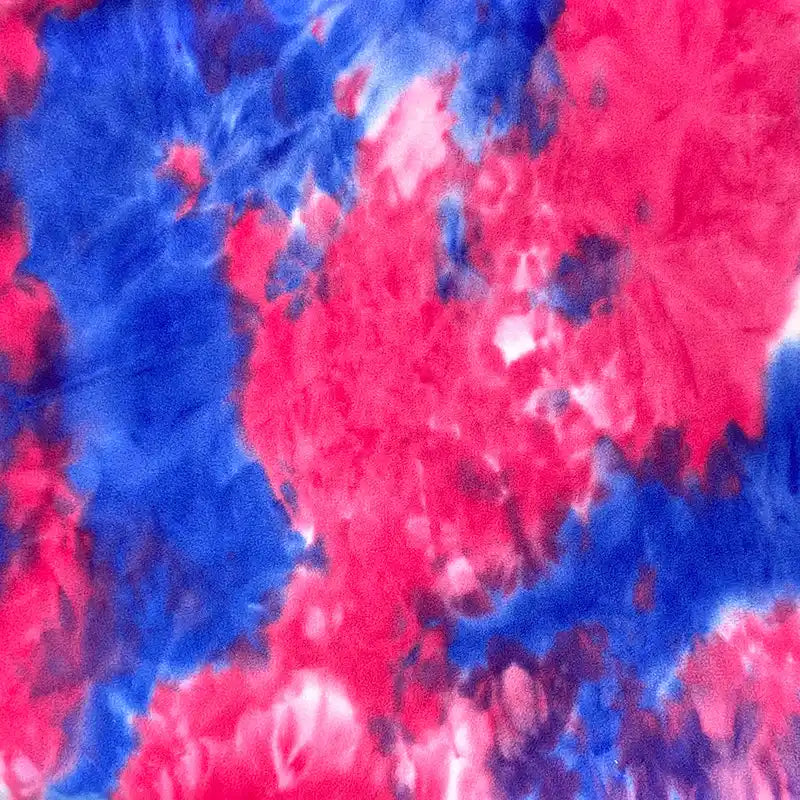 The Double Sided Polar Fleece Fabric by Longon Craft features a swirling red, blue, and white tie-dye watercolor print on thick, soft polyester—perfect for clothing and sewing projects, and available by the yard.
