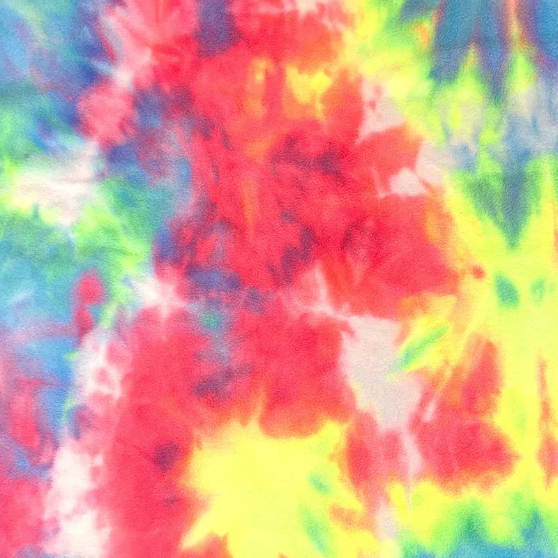 Experience the vibrant Double Sided Polar Fleece Fabric by Longon Craft, featuring a tie-dye watercolor print in swirling red, yellow, blue, and green. Soft, thick polyester fleece—perfect for cozy clothing and crafts—sold by the yard.
