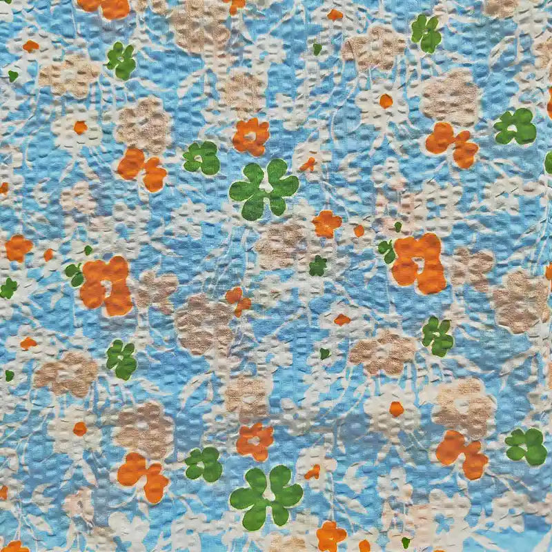 Floral Printed Seersucker Fabric By The Yard | Vintage Flowers Cotton Seersucker Fabric | Puckered Seersucker