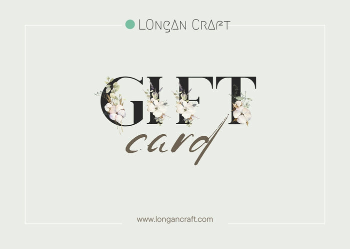 The text "GIFT card" with floral accents on a light green background exudes textile delight. Discover more about the Longan Craft Gift Card (Digital) by visiting www.longancraft.com.
