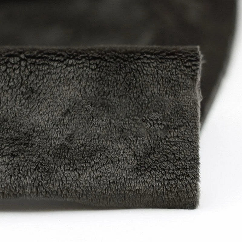 Close-up of Longon Craft Plush Minky Fabric by the yard in dark gray—5mm ultra-soft polyester with a dense, fuzzy texture, ideal for plushies, baby blankets, and sewing crafts.