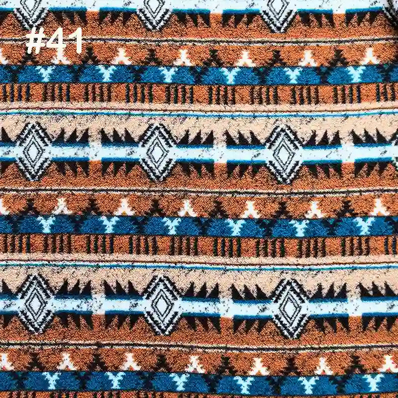Longon Craft Printed Polar Fleece Fabric By The Yard features an ethnic leopard pattern in brown, blue, black, and white with horizontal stripes and diamond shapes. "#41" appears in white text at the top left. Ideal for DIY crafts and sewing projects.