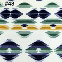 Longon Craft Printed Polar Fleece Fabric By The Yard features a geometric ethnic leopard pattern in navy blue, green, and gold on soft polyester—perfect for DIY craft and sewing projects (#43 in top left corner).