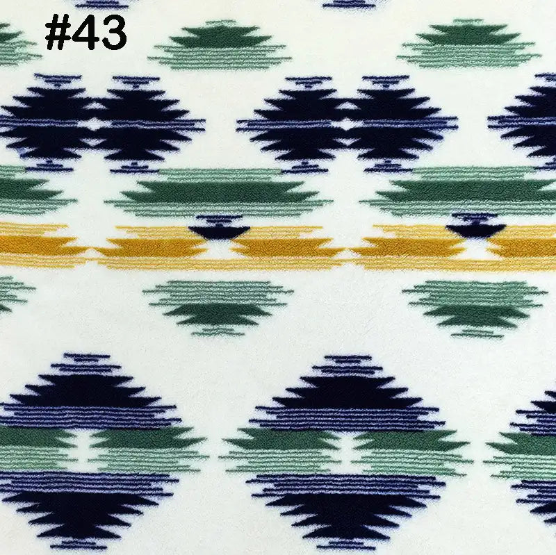 Longon Craft Printed Polar Fleece Fabric By The Yard features a geometric ethnic leopard pattern in navy blue, green, and gold on soft polyester—perfect for DIY craft and sewing projects (#43 in top left corner).