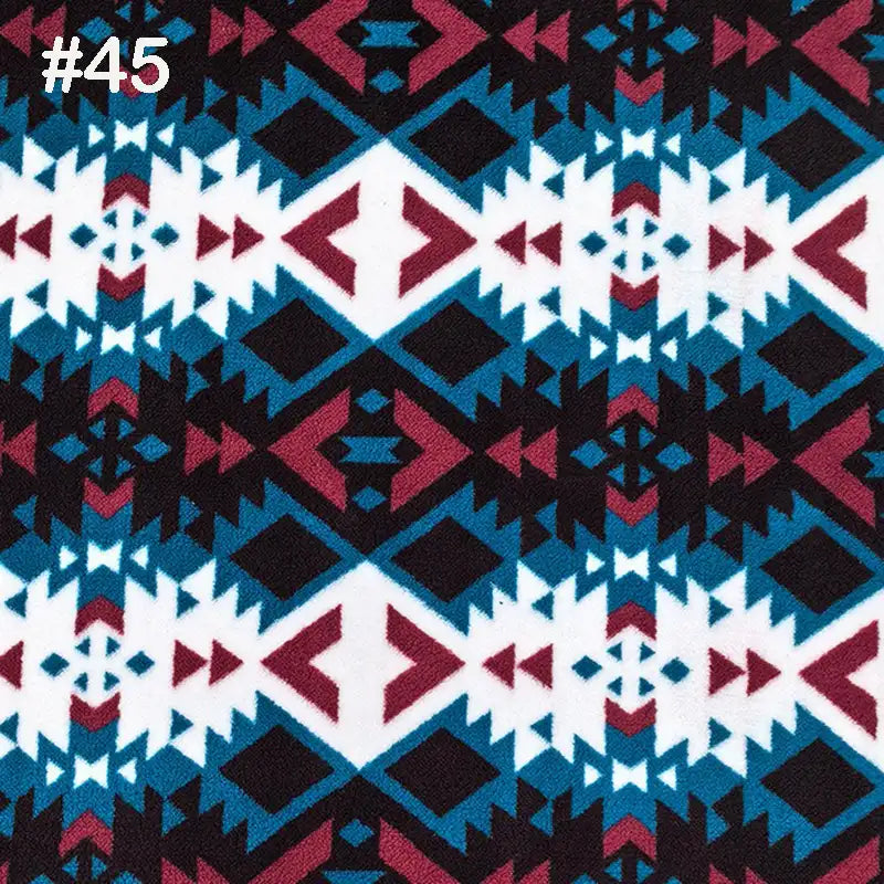 Longon Craft’s Printed Polar Fleece Fabric by the yard features a polyester ethnic leopard pattern in maroon, teal, black, and white with “#45” in white text at the top left—ideal for DIY crafts and sewing projects.