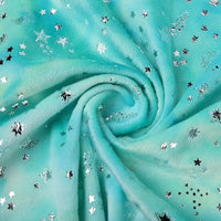 Close-up of Longon Craft’s Rainbow Minky Fabric by the Yard—colorful tie-dye stars patterned cuddle minky material, ideal for plushies, crafts, and sewing projects.