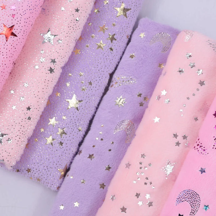Star Minky Fabric By The Yard | Shiny Star Moon Patterned Plush Minky Fabric | Polyester Cuddle Minky Material For DIY Craft Sewing